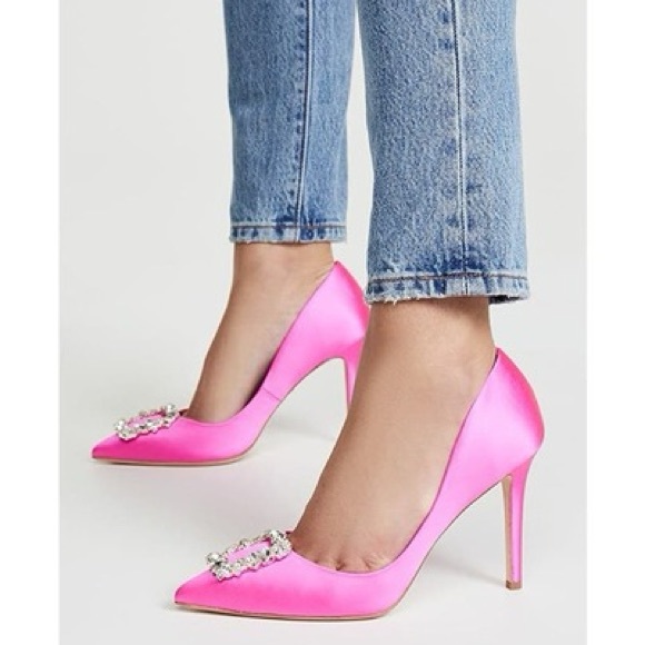 Badgley Mischka Cher Crystal Embellished Brooch Satin Pump Heels in Hot Pink - Picture 2 of 11